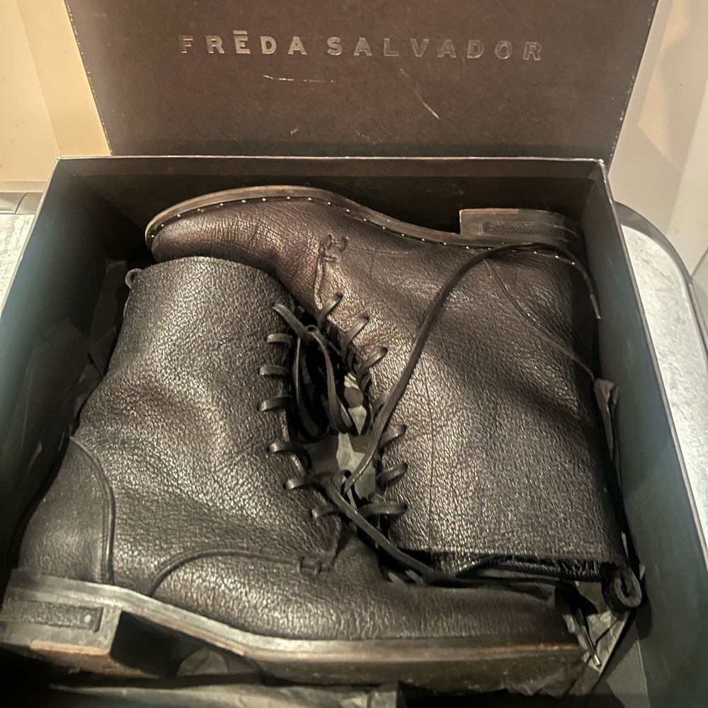 Freda Salvador Black pebbled moto leather lace up boots size 7